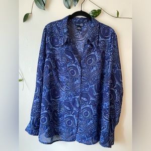 Semi Sheer Blue Paisley button down size 14/16 L/XL